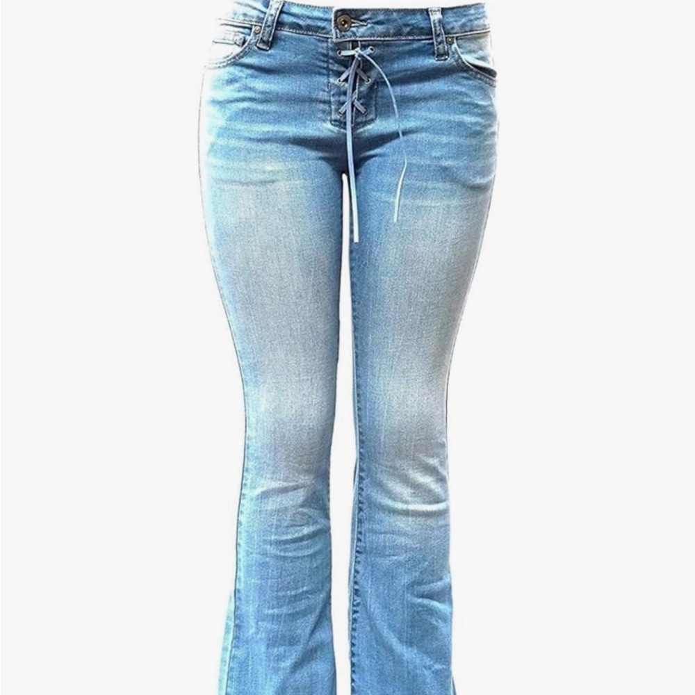 Low rise lace up light wash denim bootcut jeans